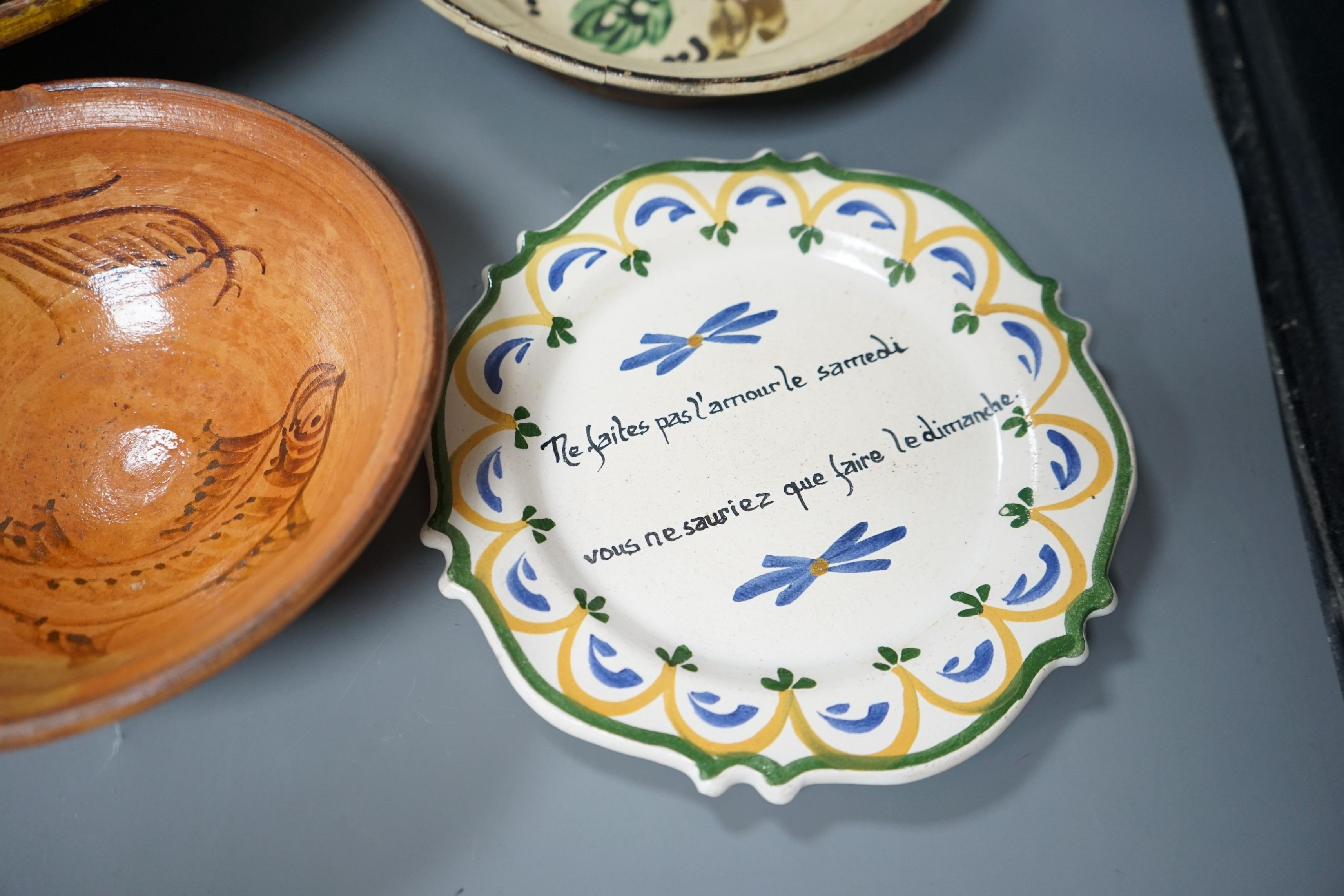 A group of 19th/20th century Continental pottery items to include two sponge ware dishes and a partially glazed jar, largest 20cm, (6)